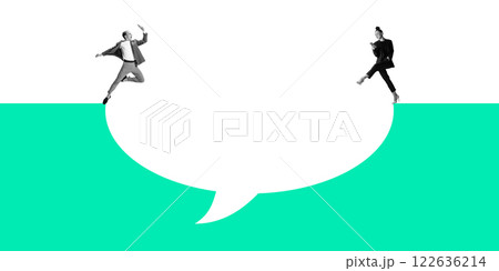 Business people, colleagues jump on a speech bubble with smartphones against white background. Remote business cooperation, deal 122636214