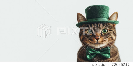 Adorable cat with intense green eyes wearing leprechaun hat and bowtie, looking straight into the camera. 122636237