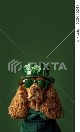 Stylish spaniel in green bowtie, glittery top hat, and matching sunglasses against solid green background. 122636248
