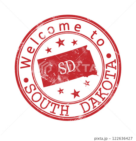 Welcome to South Dakota. A worn stamp with a silhouette of the state and an abbreviated designation. Print impression, a template for creative design 122636427