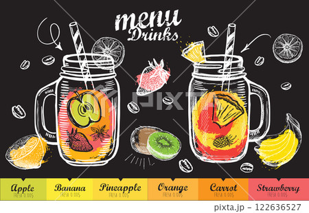 Juice menu, hand drawn. Smoothie. Juice menu, hand drawn. Smoothie. 122636527