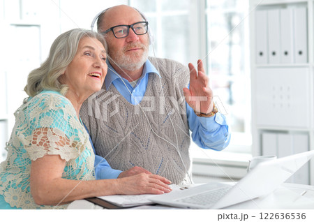 Portrait of an elderly couple using a laptop at home Portrait of an elderly couple using a laptop at home 122636536