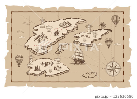 Old treasure map vector sketch. Hand drawn illustrations, vector. Old treasure map vector sketch. Hand drawn illustrations, vector. 122636580