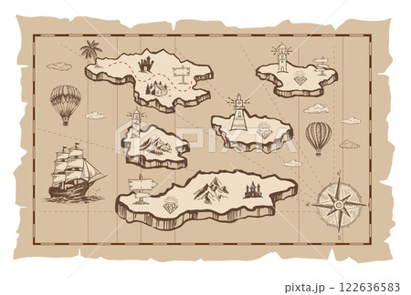 Old treasure map vector sketch. Hand drawn illustrations, vector. Old treasure map vector sketch. Hand drawn illustrations, vector. 122636583