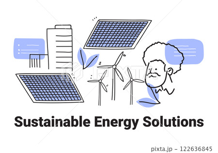 Sustainable energy solutions solar panels wind turbines buildings minimalist hand drawn style 122636845