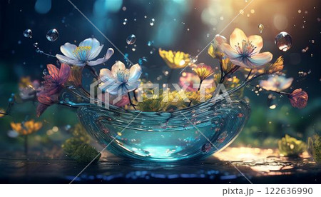 ガラスの器に浮かぶ春の草花と水滴の幻想的な光景 122636990