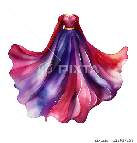 Watercolor painting of a flowing gown with red and purple hues 122637153