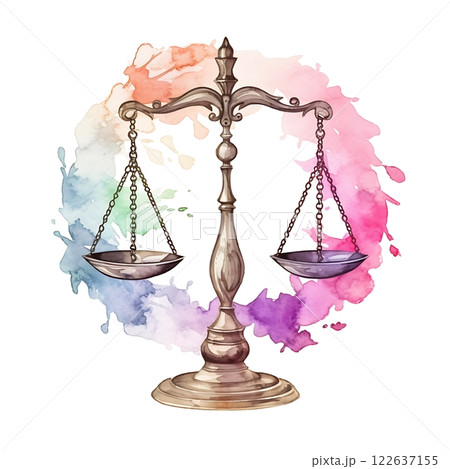 Scales of justice balancing on colorful watercolor background representing equality and fairness 122637155