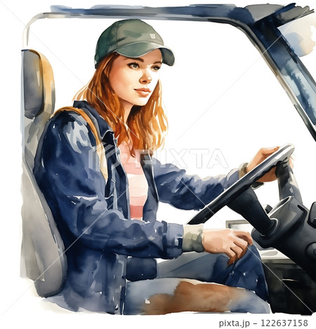Confident woman driving a truck, watercolor painting celebrating womens empowerment 122637158
