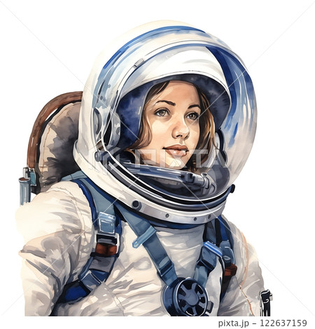 Watercolor portrait of female astronaut wearing space suit and helmet 122637159