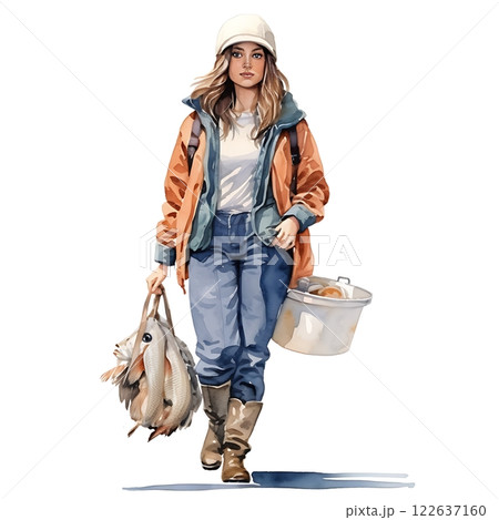 Fisherwoman walking and carrying freshly caught fish and bucket 122637160
