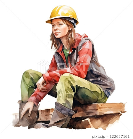 Young woman forester resting and thinking in the woods after work 122637161