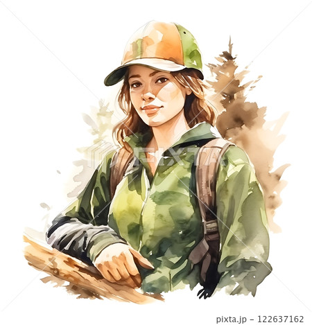 Young woman forester resting and thinking in the woods after work 122637162