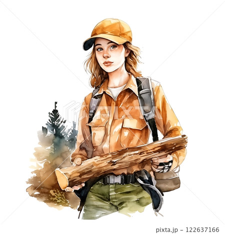 Forest ranger carrying log while hiking in wilderness watercolor painting 122637166
