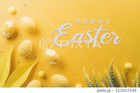 Happy easter! Colourful Easter eggs on yellow background. Decoration concept for greetings and presents on Easter Day celebrate time. 122637248