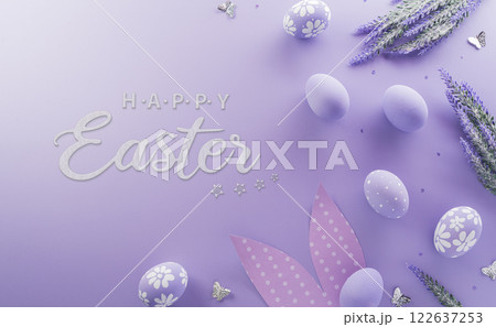 Easter party concept. Top view of easter bunny ears and colorful eggs on pastel background with the text. Easter party concept. Top view of easter bunny ears and colorful eggs on pastel background with the text. 122637253
