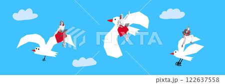 Cloud networking. Woman with laptop flying on abstract birds in sky, symbolizing borderless world of digital communication. 122637558