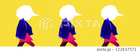 No identity. Repeated digital figures with speech bubbles for heads repeating against yellow background 122637571