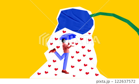 Social media influence. Abstract speech bubble pouring hearts on man, metaphorically illustrating positivity and popularity in social media 122637572