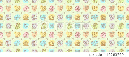 Easter season doodle style icons and quotes seamless pattern, hand-drawn spring hunt theme background, cute symbols and elements collection. 122637604