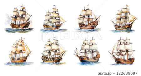 Columbus Day greeting card watercolor painting background. 122638097