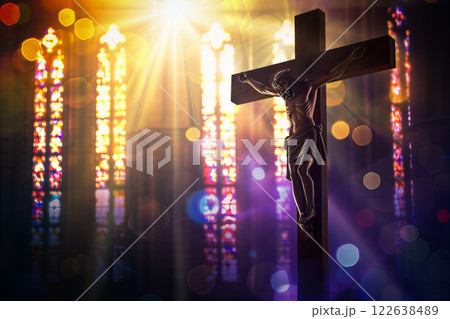 Crucifix with Jesus Christ on cross in church 122638489