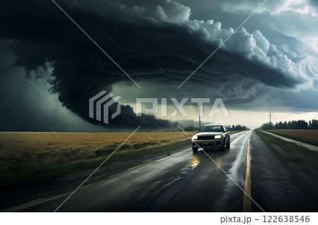 Tornado in a field in the USA with car on road in field under stormy dark sky 122638546