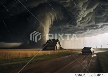 tornado in a field in the USA with wooden house and car on road under stormy dark sky 122638549
