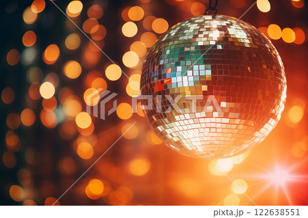 A disco ball is suspended from the ceiling at party, reflecting the lights 122638551