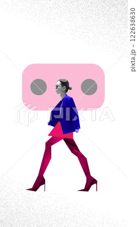 Social Presence. Confident woman walking along speech bubble. Digital influence, personal branding, and strong communication in online space. 122638630