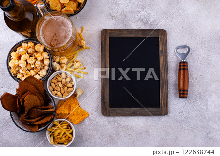 Beer and different snacks for Superbowl or football party 122638744