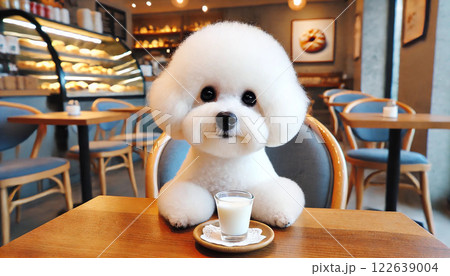カフェでくつろぐ白い犬 カフェでくつろぐ白い犬 122639004