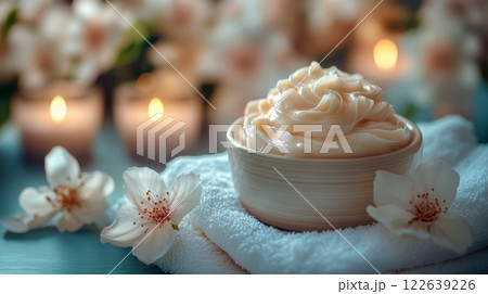 A bowl of rich, creamy moisturizer sits atop white towels, with glowing candles and delicate white flowers in the background A bowl of rich, creamy moisturizer sits atop white towels, with glowing candles and delicate white flowers in the background 122639226