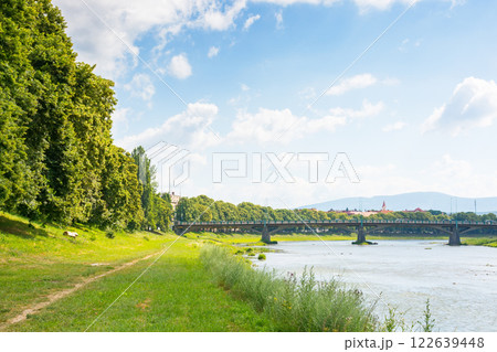 embankment with linden trees in blossom. summer vacation. scenery by the river uzh on a sunny day. masaryk bridge in the distance embankment with linden trees in blossom. summer vacation. scenery by the river uzh on a sunny day. masaryk bridge in the distance 122639448