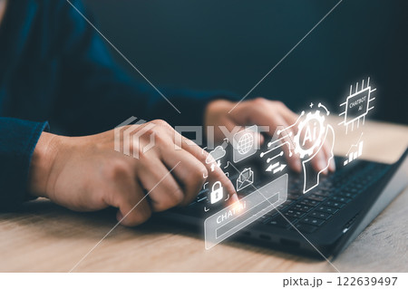 Businessman using laptop computer and chatting with Ai Chatbot, AI Artificial Intelligence technology concept, Futuristic technology transformation for business investment growth Businessman using laptop computer and chatting with Ai Chatbot, AI Artificial Intelligence technology concept, Futuristic technology transformation for business investment growth 122639497