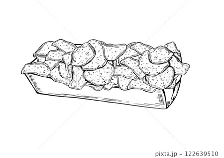 Thin potato chips in in cardboard rectangular box vector illustration painted by black inks. Monochrome hand drawn crunchy snack in paper package. Crisp meal fast food illustration for menu design 122639510