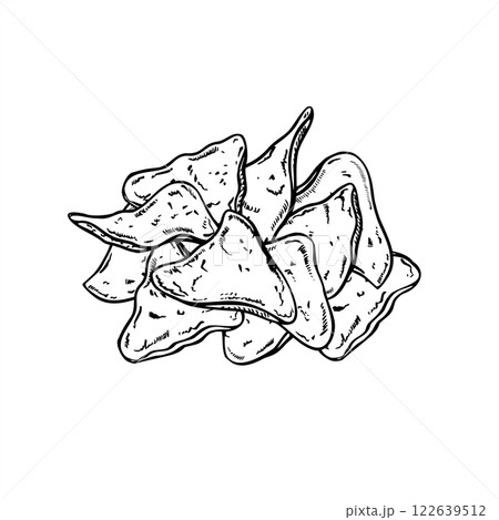 Monochrome Mexican triangle corn nachos chips heap vector isolated illustration painted by black inks. Handful of traditional fast food snack etching drawing for menu design, poster, banner, label. 122639512