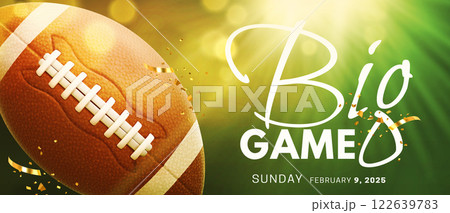 Big game championship banner with realistic 3d rugby ball 122639783