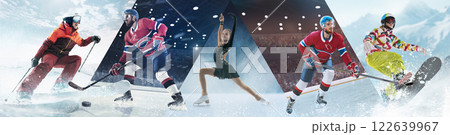 Winter sports. Skiing, ice hockey, figure skating, and snowboarding athletes display their agility and balance in cold environments 122639967