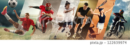 Outdoor sports. Players in football, soccer, tennis, and motocross captured in intense motion, set against natural and stadium backdrops 122639974