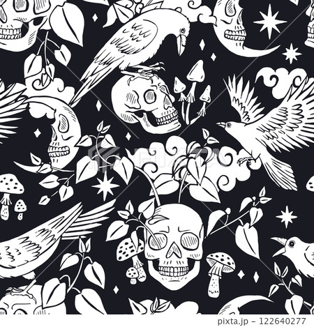 Black and white Seamless pattern with hand drawn inky ravens or crows sitting on human skulls Black and white Seamless pattern with hand drawn inky ravens or crows sitting on human skulls 122640277