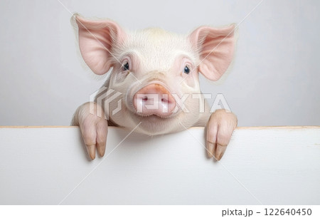 Adorable close-up of a curious piglet with floppy ears and bright eyes, peeking over a white board. Perfect for animal themes or farm related concepts. National Pet Day. Adorable close-up of a curious piglet with floppy ears and bright eyes, peeking over a white board. Perfect for animal themes or farm related concepts. National Pet Day. 122640450