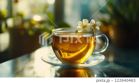 Glass cup of herbal tea with lemon slice and blossoms in sunlit setting. International Tea Day 122640463