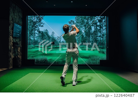 Golf practice indoors with virtual simulation in a modern facility 122640487