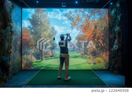 Indoor golfer practicing swing in a virtual environment at a simulation center 122640508