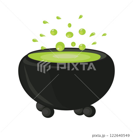 Halloween magic cauldron with green potion with boiling magic brew. Vector illustration isolated on white background. 122640549