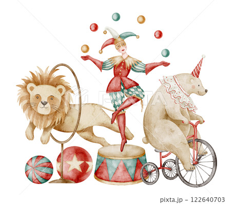Watercolor illustration of Circus performance with vintage animals. Drawing of lion jumping through a hoop, a clown juggling, and a bear on a tricycle. Carnival art Baby shower greeting cards. 122640703