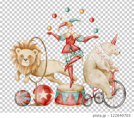 Watercolor illustration of Circus performance with vintage animals. Drawing of lion jumping through a hoop, a clown juggling, and a bear on a tricycle. Carnival art Baby shower greeting cards. 122640703