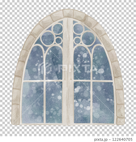 Watercolor arched Window or Door with stone frame and transparent glass for fairytale childish designs in pastel colors. Drawing of architectural element for vintage building. 122640705