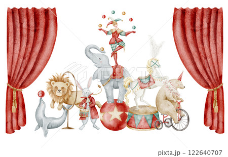 Watercolor composition of Circus animals and clown. Drawing with vintage Carnival performance with elephant, lion, bunny, and horse, set against red curtains. Art for Baby shower greeting cards. 122640707
